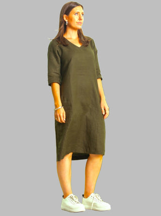linen olive Vneck dress - juliette