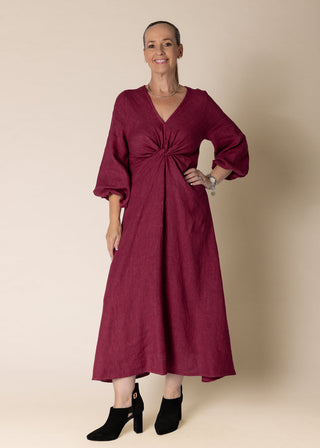 linen twist front dress - mulberry wine
