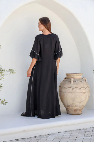 linen dress - black with white piping