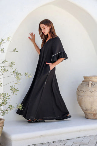 linen dress - black with white piping