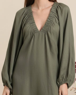 linen dress - elastic Vneck - khaki