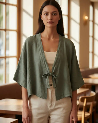 linen tie-front jacket - khaki - shyloh