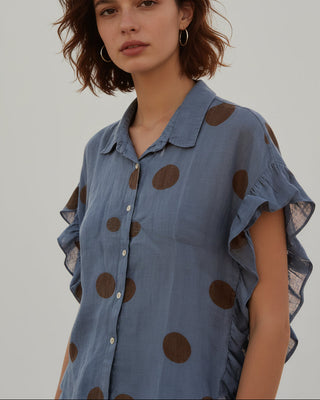 linen circles blouse - denim chocolate - LEALUC
