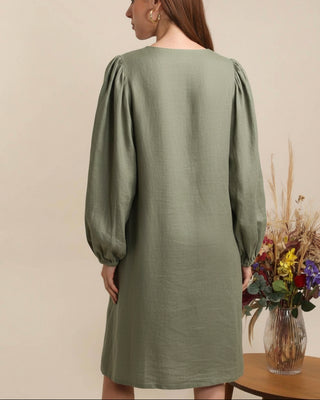 linen dress - elastic Vneck - khaki