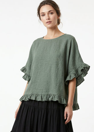 linen frill top - khaki - made in italy