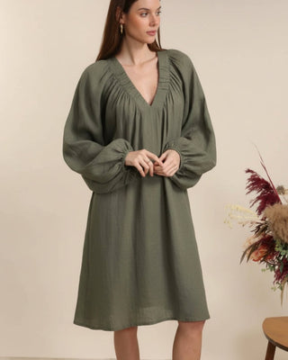 linen dress - elastic Vneck - khaki