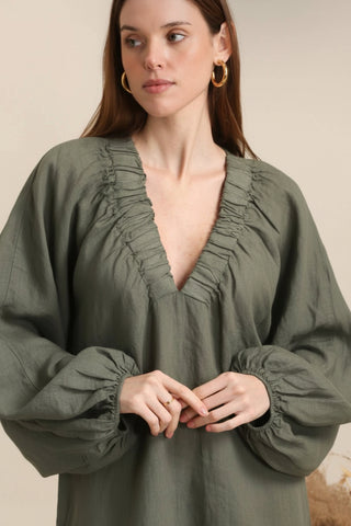 linen dress - elastic Vneck - khaki