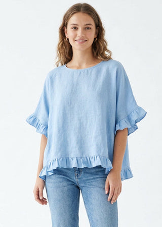linen frill top - sky blue - made in italy