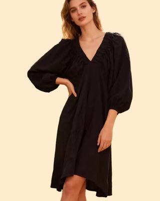 linen dress - elastic Vneck - black