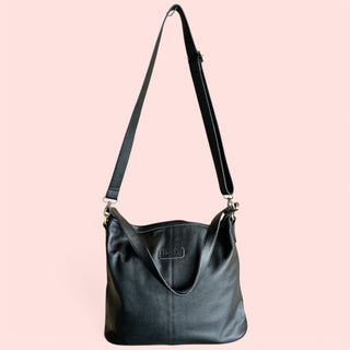 leather tote bag - double strap - black/green lining