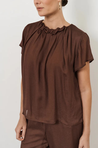 viscose pleated neck top - chocolate - candice