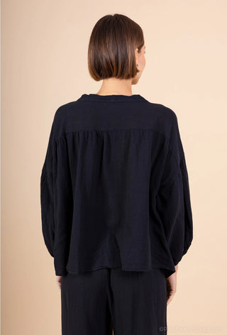 linen blend swing blouse - black