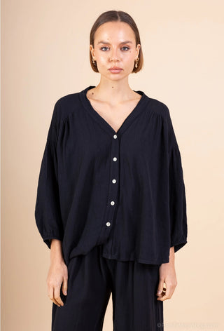 linen blend swing blouse - black
