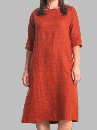 Juliette Linen Boat Neck Dress Rust - Design Emporium