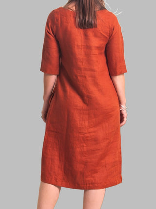 Juliette Linen Boat Neck Dress Rust - Design Emporium