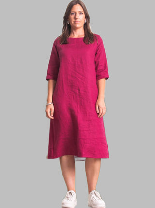 Juliette Linen Boat Neck Dress Cerise - Design Emporium