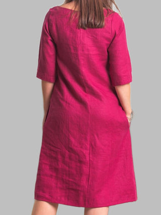 Juliette Linen Boat Neck Dress Cerise - Design Emporium