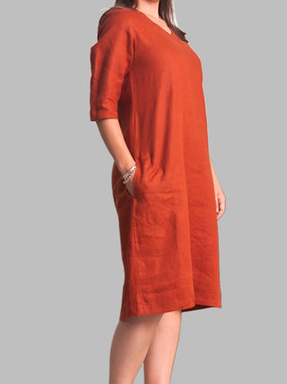 Juliette Linen VNeck Dress Rust - Design Emporium