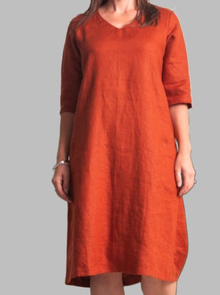 Juliette Linen VNeck Dress Rust - Design Emporium