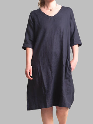 Juliette Linen VNeck Dress Navy - Design Emporium