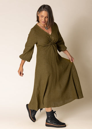 linen twist front dress - olive