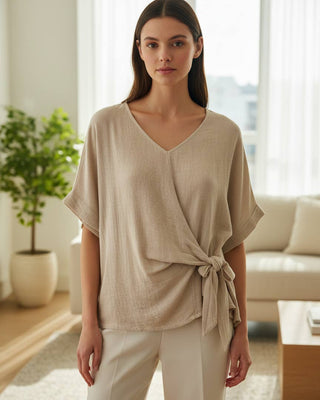 linen cotton top with tie detail - biege - shyloh