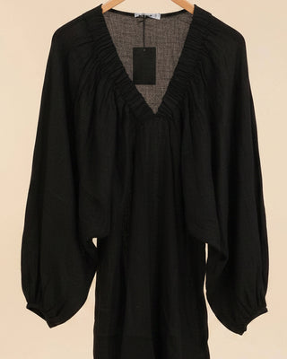 linen dress - elastic Vneck - black