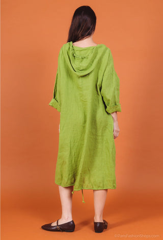 linen hooded tunic dress - chartreuse