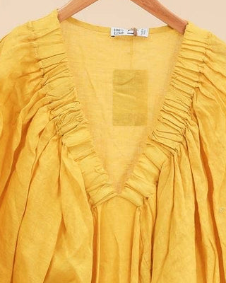linen dress - elastic Vneck - mustard