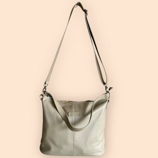 leather tote bag - double strap - cream/cerise