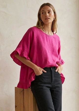 linen frill top - pink - made in italy