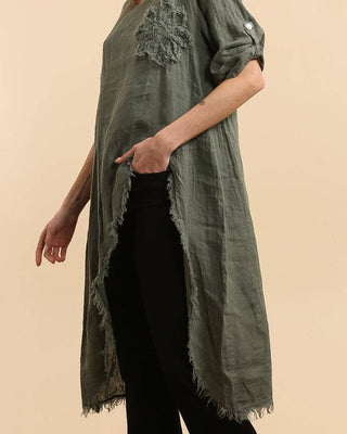 linen top - asymmetric hem - khaki - lealuc