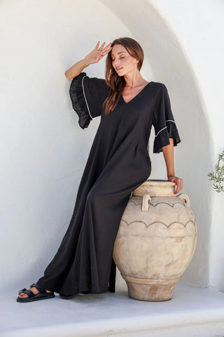 linen dress - black with white piping