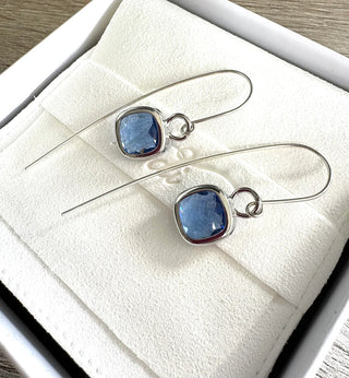 glass cushion ear wires - silver - sapphire blue